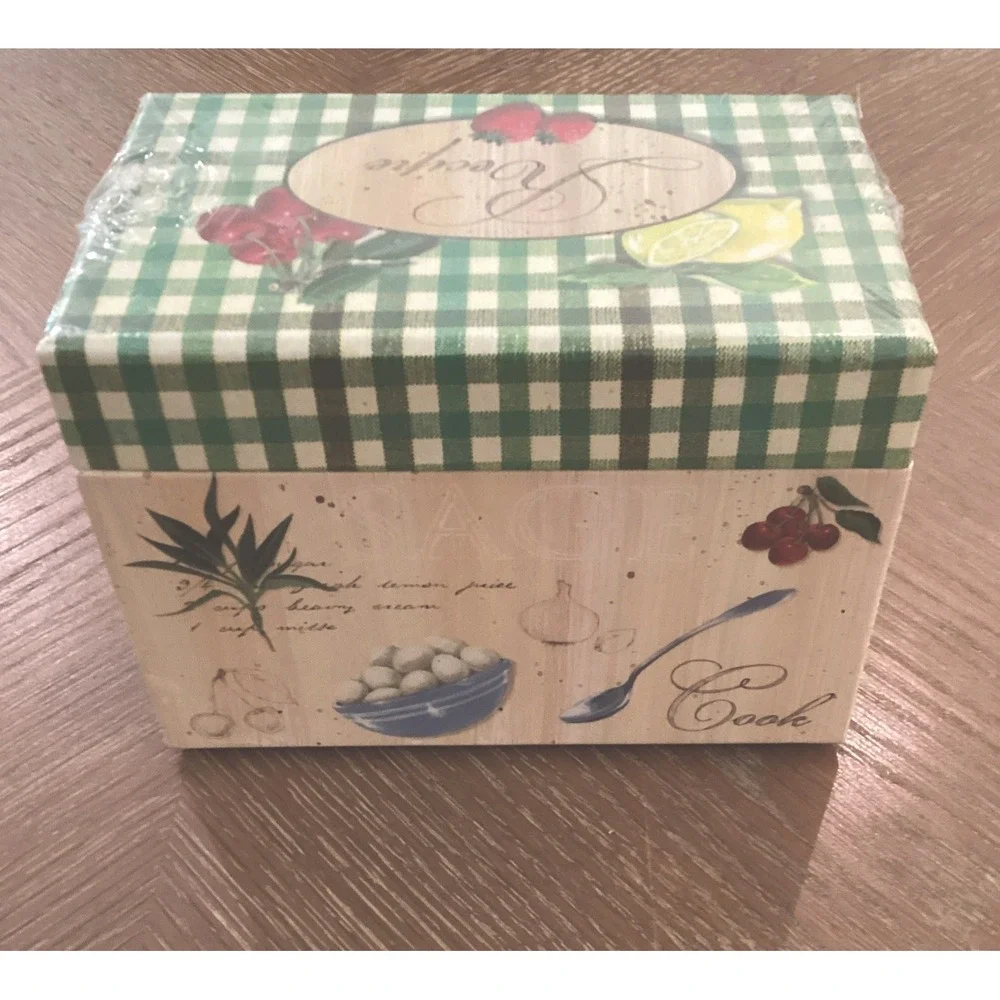 Recipe Box Green Martin Design Fruit Veg Gingham Check Lemon Cherry NEW Vintage